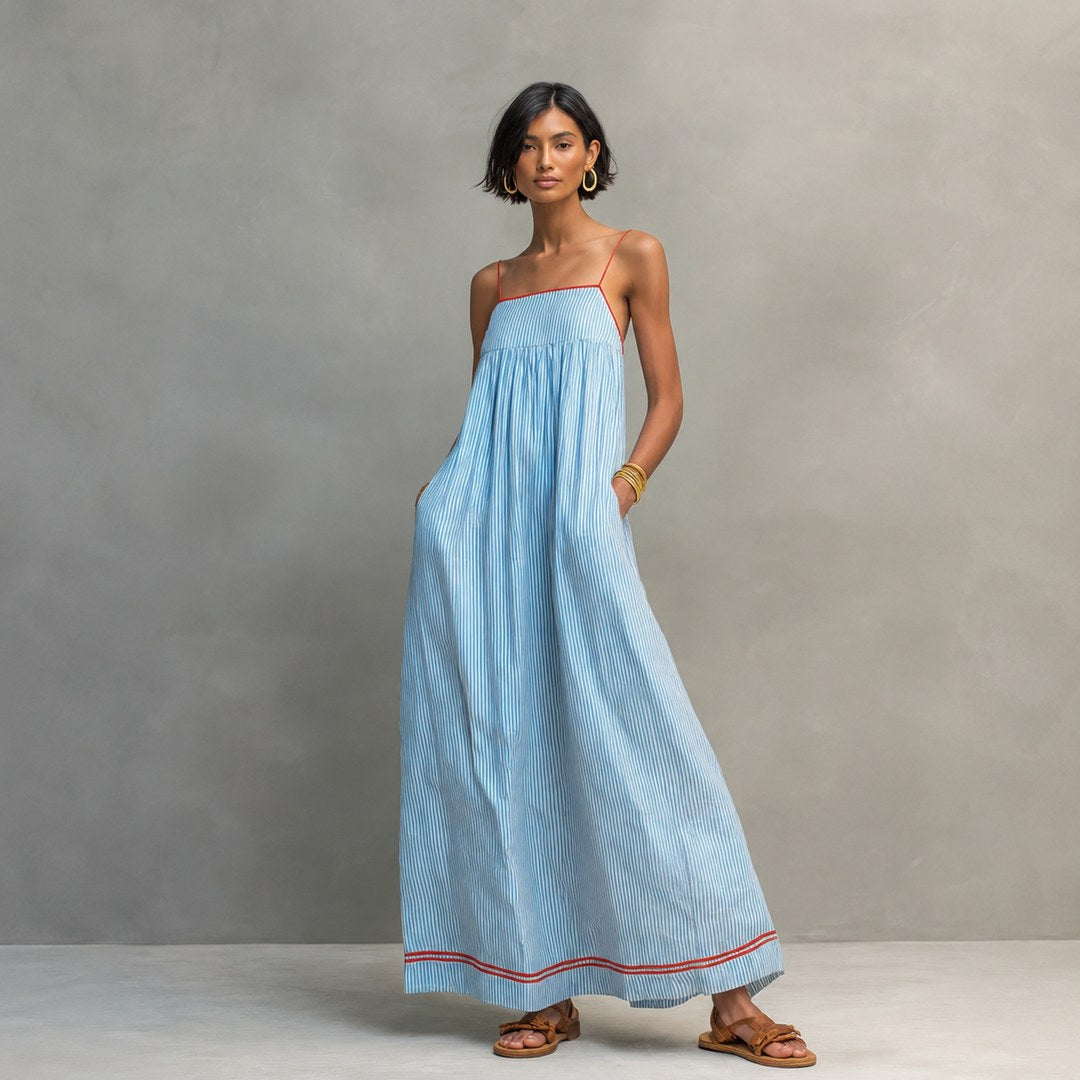 Lucía | Vestido largo fluido de rayas con tirantes